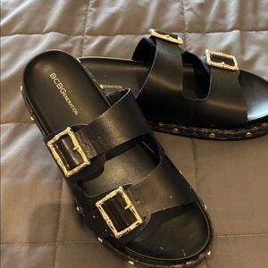 BCBGeneration Black Slides with Gold Accents